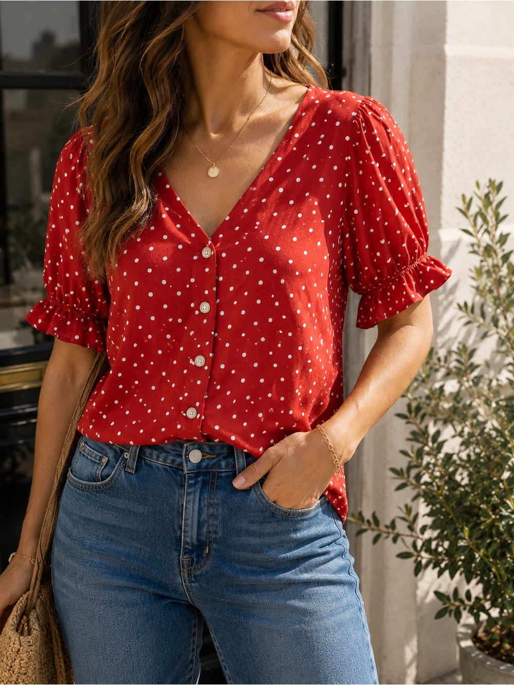 Madewell Red Polka Dot Front Button Blouse Size 0